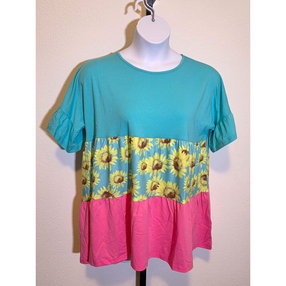 Southern Stitch L Tunic Top Floral Sunflower Ruffle Sleeve Stretch Knit